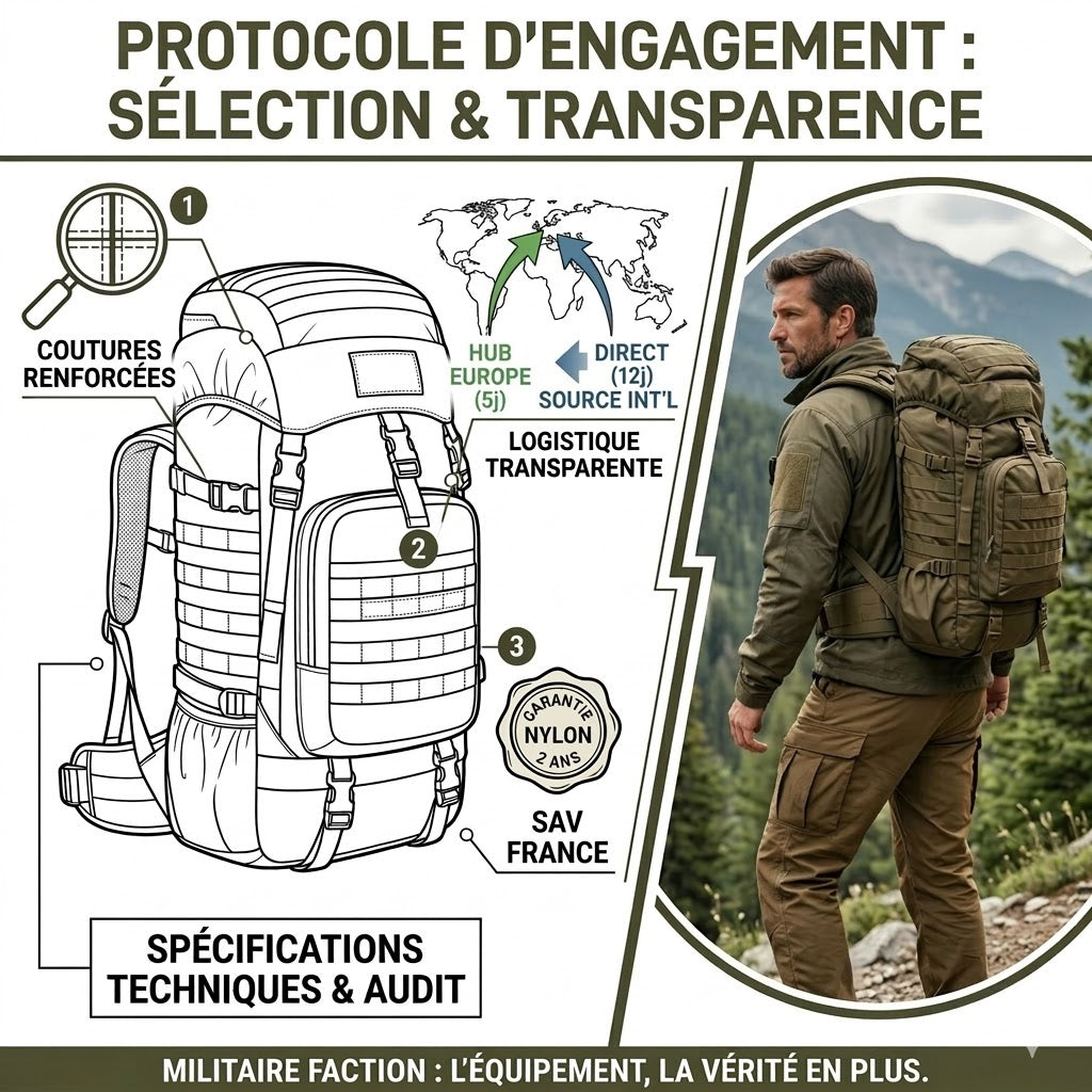 Schéma technique d'un sac à dos tactique Militaire Faction présentant le protocole d'engagement, la logistique transparente Europe et internationale, et la garantie Nylon 2 ans avec SAV en France.